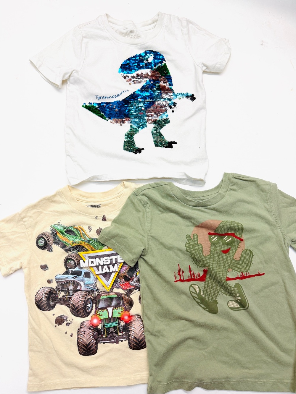 Boys T-Shirt Bundle Lot Kids White Sequin Dinosaur Tee Monster Jam Cactus H&M 4T